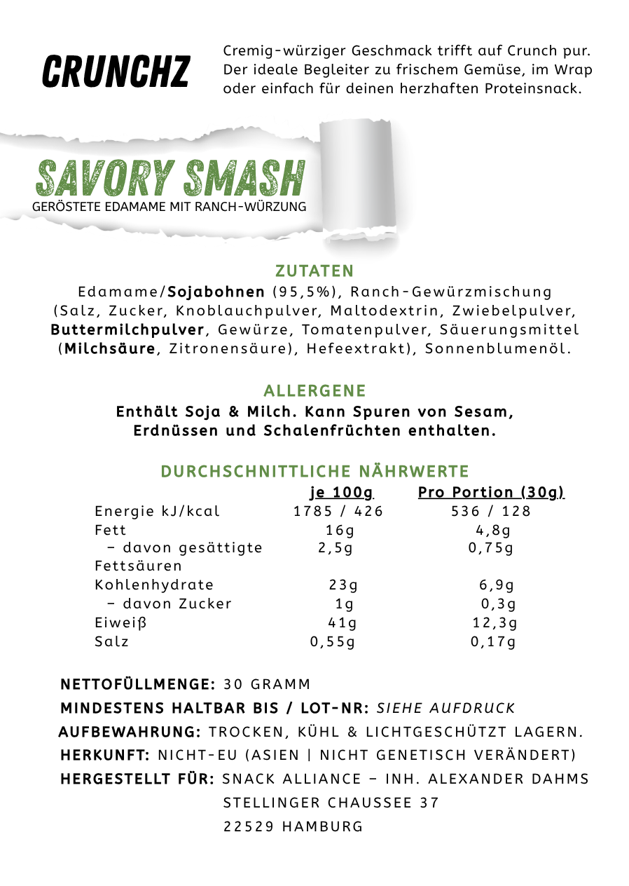 CRUNCHZ SAVORY SMASH (6 x 30g) | Geröstete Edamame mit Ranch-Würzung